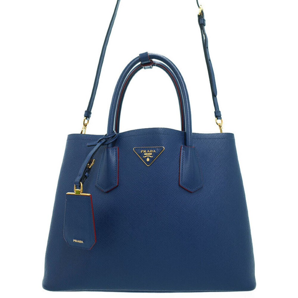 Prada Saffiano Cuir Double Shoulder Bag 2way Tote navy blue